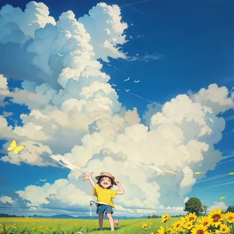 Summer blue sky、　Cumulonimbus、Green Field、Boy with a butterfly net、butterfly々Chasing