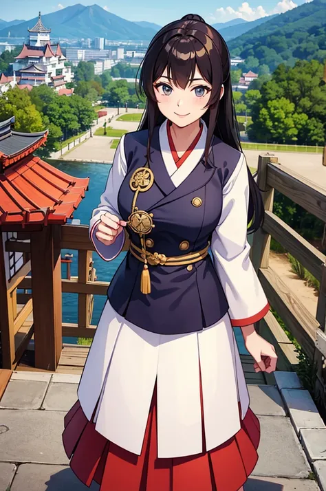 Female, solo, meiji military outfit, pov, proudly smile, boshin, Japanese castle background