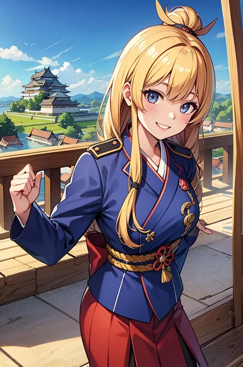 Female, solo, meiji military outfit, pov, proudly smile, boshin, Japanese castle background