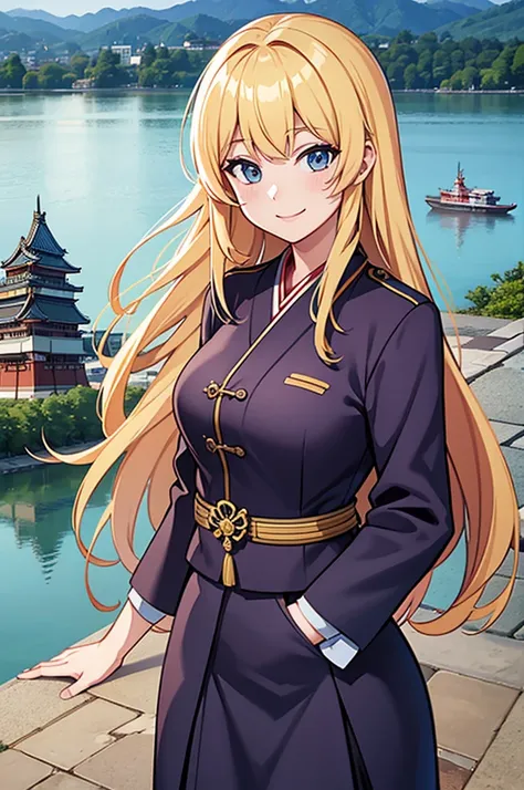 Female, solo, meiji military outfit, pov, proudly smile, boshin, Japanese castle background