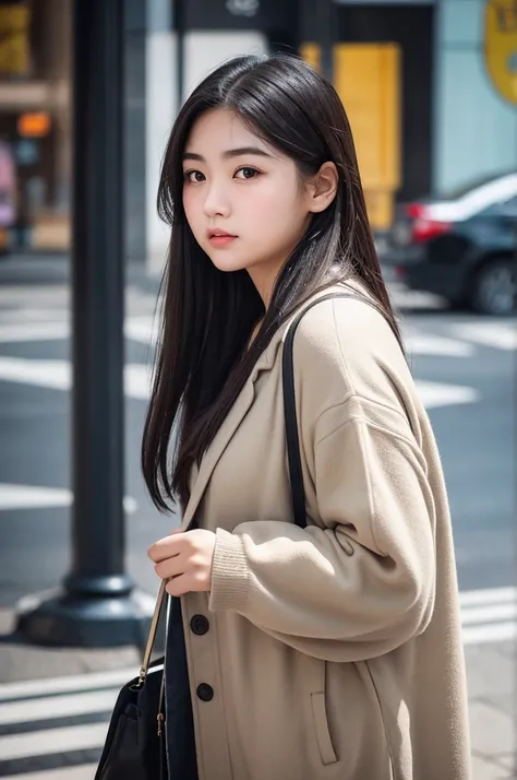 high-contrast photo of a woman walking down the street. She has a round face with a small nose and chubby cheeks. Her eyes are slightly droopy, and her eyebrows are also slightly droopy. She has a neutral expression and is wearing a stylish casual outfit. ...