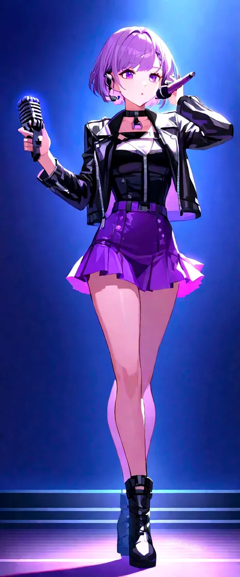 Full body girl in a long leather jacket, with a short purple skirt with black stripes, with hearing, a short hair with a purple lock and a microphone in his hand.