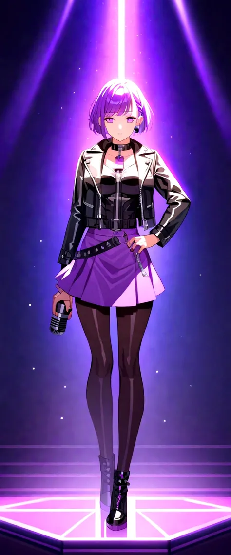 Full body girl in a long leather jacket, with a short purple skirt with black stripes, with hearing, a short hair with a purple lock and a microphone in his hand.