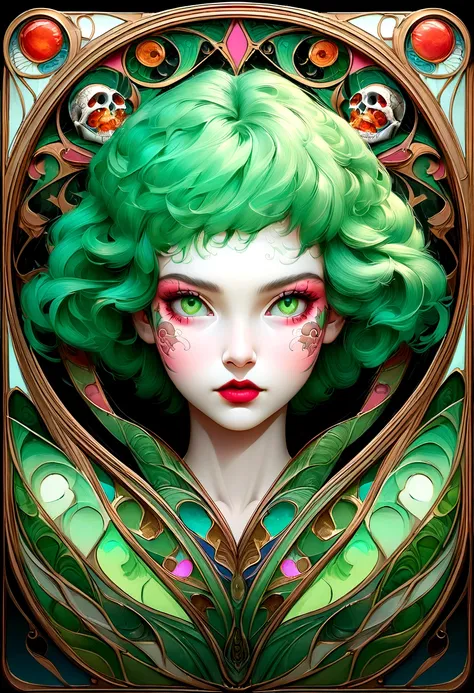 A cyberpunk image of Tinkerbell in sugar skull makeup in Art Nouveau style. voronoi pattern, intricately detailed, intricately textured, hyperrealism, in the style of hyper - realistic portraits, anime - inspired characters, light emerald and red, david, d...