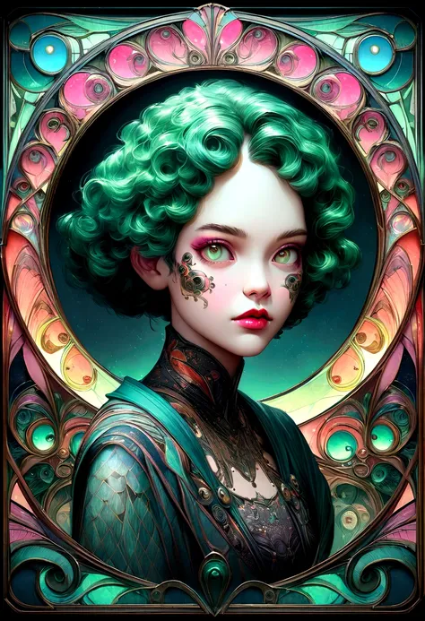 A cyberpunk image of Tinkerbell in sugar skull makeup in Art Nouveau style. voronoi pattern, intricately detailed, intricately textured, hyperrealism, in the style of hyper - realistic portraits, anime - inspired characters, light emerald and red, david, d...