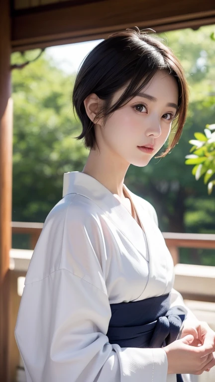 high resolution、Japanese women、Beauty、short hair、White yukata、Small face