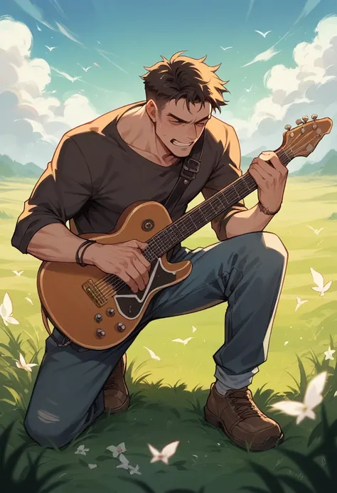 A brutal man with a guitar walks across the field