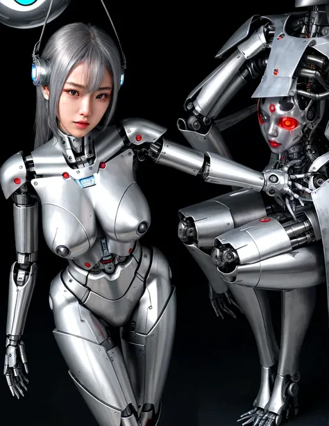 female robot, skin part is only face, Asian beauty, japan cyborg, silver metal skin, full metal robot body, mechanical parts, electronic wire, cum in pussy, high quality, medium breasts, long hair, tall, thigh gap, full body metal skin, wet, cum in pussy, ...