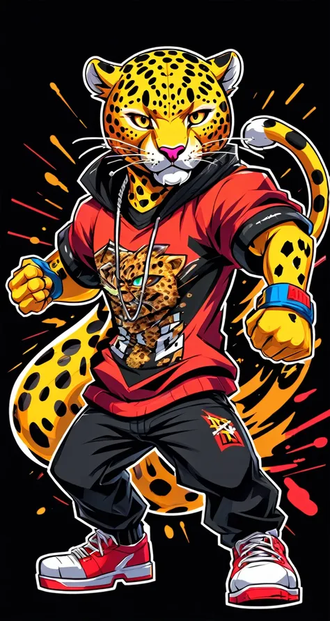 leopard style fighting game, hip-hop style, t shirt design, flat-colors, vectorial art,  ((black backdrop)) . dynamic, vibrant, ...