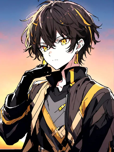 anime male, gold eyes, gold hair, golden earrings, black shirt, black tech jacket, black pants, best quality, cool, sunset