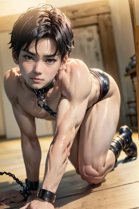 (Best Bishonen、可愛い童顔の18-year-oldの男子、A beautiful boy with large eyes and a high nose:1.4)、(((He is chained and has iron handcuffs and ankle shackles on him.、The body is tied with rope))), ((His desire for kinky play is fulfilled))、 ((Cute boy showing his as...