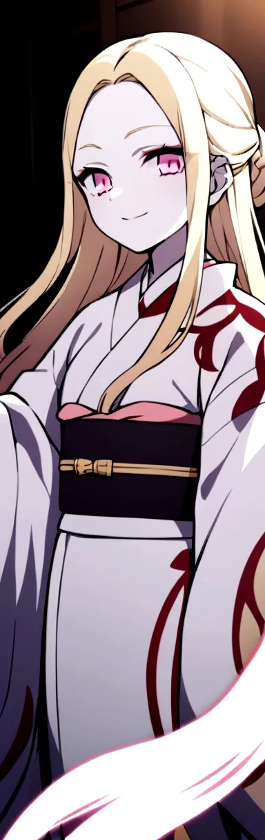 a girl, white pink skin, light blonde long hair, pink eyes, light yellow eyelashes, wearing a kimono, smiling. kimetsu no yaiba