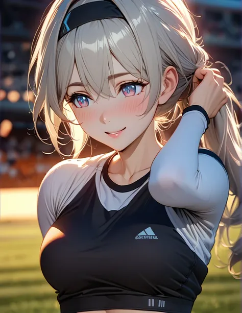 beautiful girl, long grey hair, tying her hair into ponytail, beautiful face,smiling,close up to hips, beautiful breast, warming up for jogging on field, illustration,detailed textures(realists),ultra-detailed,portrait style,vivid colors,soft lighting, blu...