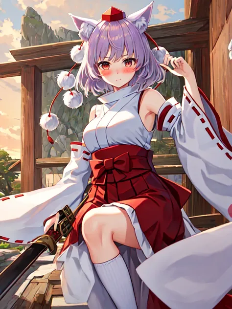 best quality, masterpiece, highres, solo, {white kimono:1.35}, {red hakama:1.35}, {wide sleeves:1.20}, {inubashiri_momiji_touhou...