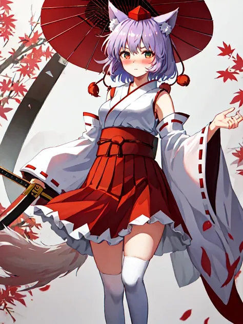 best quality, masterpiece, highres, solo, {white kimono:1.35}, {red hakama:1.35}, {wide sleeves:1.20}, {inubashiri_momiji_touhou...