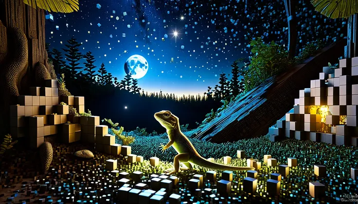 an enchanted forest in a deep, secret location littered with ral-3d cubes, amazing light from the moon,a little baby lizard is l...