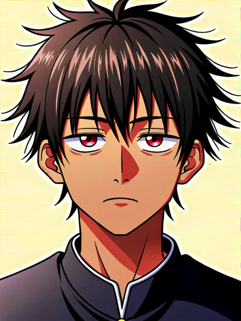 1boy, solo, ((brown skin color)), black hair, ((messy fringe hairstyle)), red eyes, black suit, tired eyes, eye bags, 16 years o...