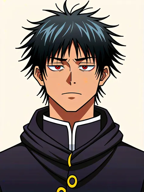 (1boy,jujutsu kaisen) solo, ((brown skin color)), black hair, ((messy fringe hairstyle)), red eyes, black suit, tired eyes, eye ...