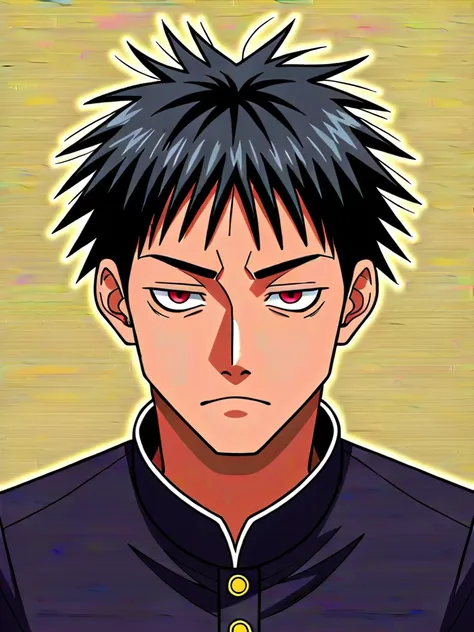 (1boy,jujutsu kaisen) solo, ((brown skin color)), black hair, ((messy fringe hairstyle)), red eyes, black suit, tired eyes, eye ...