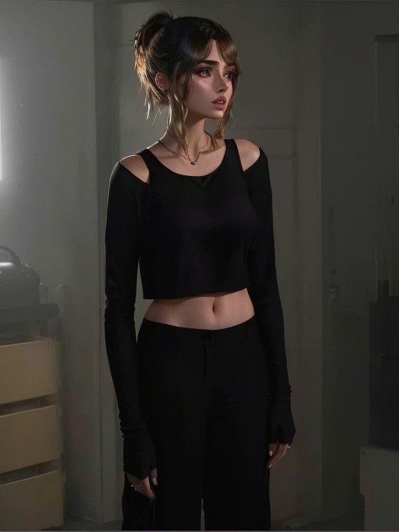 arafed woman in black top and pants standing in a room, wearing a sexy cropped top, ana de armas as joi, wearing a crop top, wearing a cropped top, ana de armas, wearing a cropped black tank top, exposed midriff, wearing a black cropped tank top, joi from ...