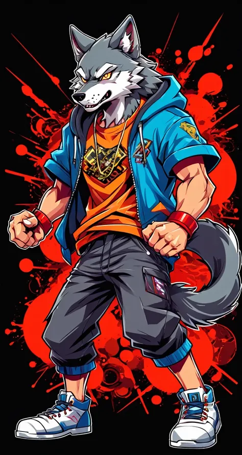 wolf style fighting game, hip-hop style, t shirt design, flat-colors, vectorial art,  ((black backdrop)) . dynamic, vibrant, ful...