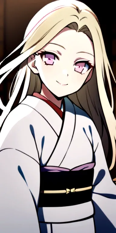 a girl, light blonde long hair, pink eyes, light yellow eyelashes, wearing a kimono, smiling. kimetsu no yaiba