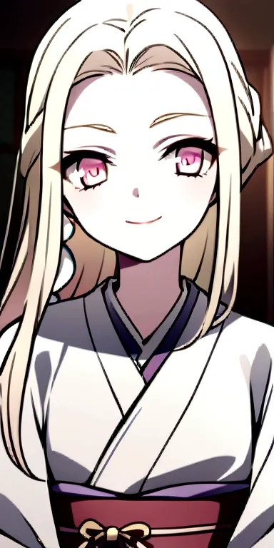 a girl, light blonde long hair, pink eyes, light yellow eyelashes, wearing a kimono, smiling. kimetsu no yaiba