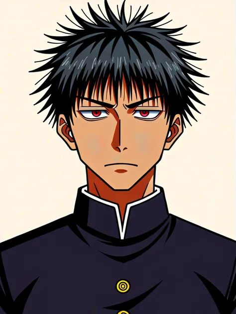 (1boy,jujutsu kaisen) solo, ((brown skin color)), black hair, ((messy fringe hairstyle)), red eyes, black suit, tired eyes, eye ...