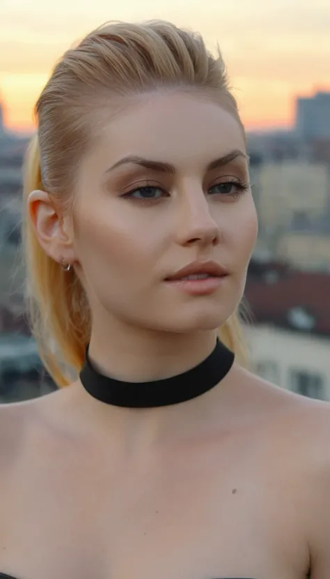 (Skin Texture, pores, natural,iPhone,RAW)), natural lighting, Highest Quality closeup Portrait photo of a pretty woman,black thin choker, clear lipgloss, Nikon Z9, realistic matte skin,  blurry city in the background, 8K, symmetric, whole body, naked portr...