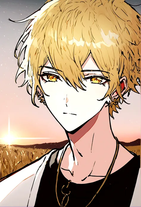 anime male, gold eyes, gold hair, golden earrings, black thick clothing shirt, black pants, best quality, cool, sunset, wheatlan...