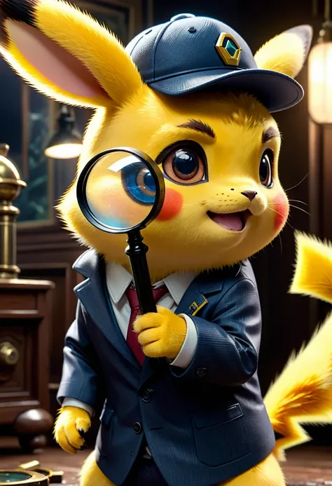 Detective Pikachu eye is magnified through a magnifying glass. Wearing detectives hat and suit, looking at the crime scene, facing viewer, vibrant, Masterpiece, (8k), (32k), highest-quality, intricate details, highly detailed, best artist, micro-details, m...