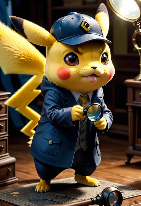 Detective Pikachu eye is magnified through a magnifying glass. Wearing detectives hat and suit, looking at the crime scene, facing viewer, vibrant, Masterpiece, (8k), (32k), highest-quality, intricate details, highly detailed, best artist, micro-details, m...