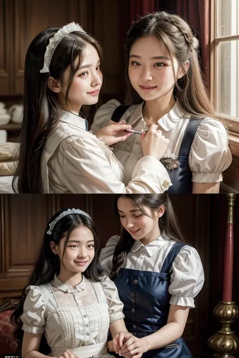 Two girls help the maid and the maid to comb their hair. The noblewoman smiles happily., the maid cousin maid does everything with love and devotion, the maid takes care of the master with great pleasure,