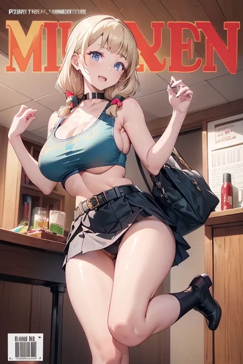 (masterpiece:1.2), (Military uniform magazine cover:1.4),best quality,PIXIV,Sweet girl , sexy posture,1girl, (perky chest:1.2), rolling upskirt by wind:1.6, (with sparkling eyes and a contagious smile),open mouth, (pointed chest:1.2),fishnets, black hair, ...