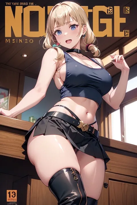 (masterpiece:1.2), (Military uniform magazine cover:1.4),best quality,PIXIV,Sweet girl , sexy posture,1girl, (perky chest:1.2), rolling upskirt by wind:1.6, (with sparkling eyes and a contagious smile),open mouth, (pointed chest:1.2),fishnets, black hair, ...