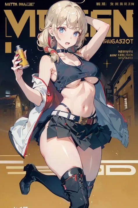 (masterpiece:1.2), (Military uniform magazine cover:1.4),best quality,PIXIV,Sweet girl , sexy posture,1girl, (perky chest:1.2), rolling upskirt by wind:1.6, (with sparkling eyes and a contagious smile),open mouth, (pointed chest:1.2),fishnets, black hair, ...