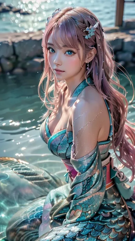 (super realistic photorealistic image:1.5), (cute and beautiful face, pink wavy hair, soft and light blue eyes that exude warmth...