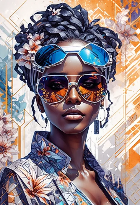 "full body, water colors, ink drawing, beautiful cyberpunk sudanese woman, wearing smart digital sunglasses,  floral background,...