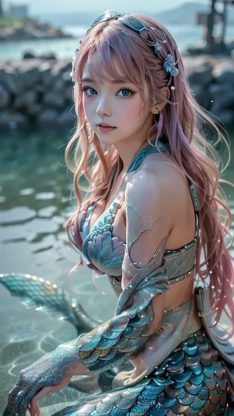 (super realistic photorealistic image:1.5), (cute and beautiful face, pink wavy hair, soft and light blue eyes that exude warmth...