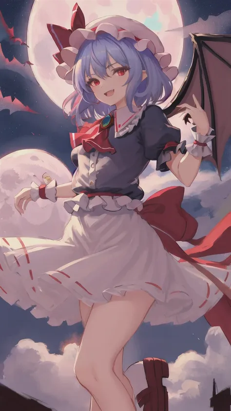 best quality, masterpiece, highres, solo, {remilia_scarlet_touhou:1.15}, red_eyes, short_hair, bat_wings, wings, ribbon, hat, bl...