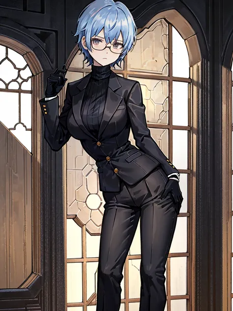 books lying around, cream hair, tall, square glasses, black turtleneck, a beige-color two-button blazer, dark navy-blue pants, a...