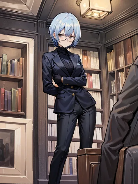 books lying around, cream hair, tall, square glasses, black turtleneck, a beige-color two-button blazer, dark navy-blue pants, a...