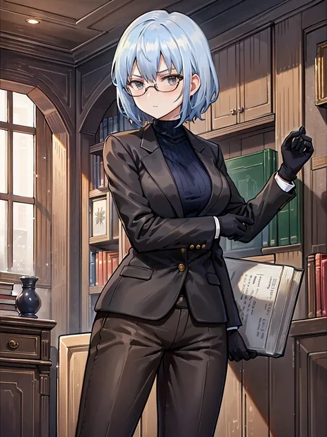 books lying around, cream hair, tall, square glasses, black turtleneck, a beige-color two-button blazer, dark navy-blue pants, a...