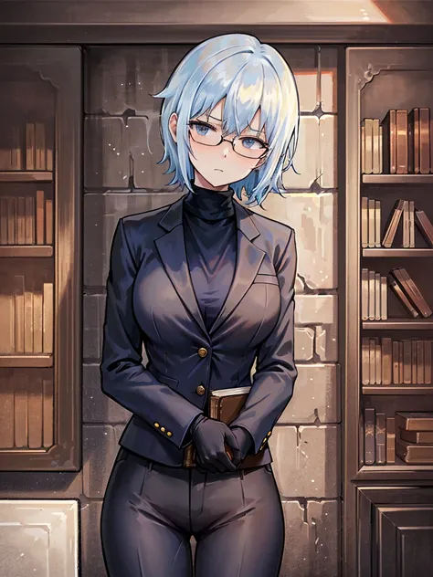 books lying around, cream hair, tall, square glasses, black turtleneck, a beige-color two-button blazer, dark navy-blue pants, a...