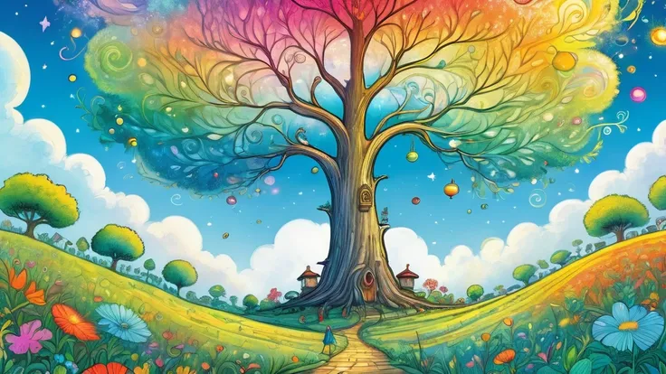 (Large close-up tree in the center):looks happy,An illustration,blue sky、pop,colorfulに,draw with thick lines,color、Dreaming happy dreams,Warm and full of happiness,,colorful,Fancy,Fantasy,Detailed explanation,fluffy,Randolph Caldecott Style、