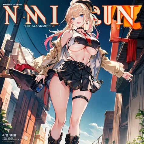 (masterpiece:1.2), (Military uniform magazine cover:1.4),best quality,PIXIV,Sweet girl , sexy posture,1girl, (perky chest:1.2), rolling upskirt by wind:1.6, (with sparkling eyes and a contagious smile),open mouth, (pointed chest:1.2),fishnets, black hair, ...