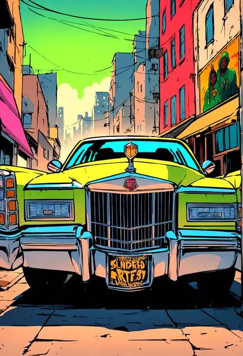 プロンプト Txt2Img rapper Kendrick Lamar character,front of lowrider Cadillac, street setting, bustling city backdrop, grand theft auto artworkflavor illustration detailed linework, bold colors, hip-hop culture vibes, energetic atmosphere, urban art style, digi...