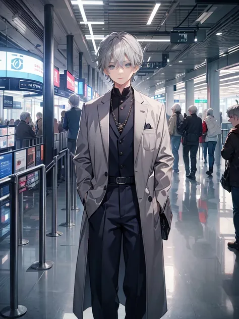 1boy, ((grey hair)), beautiful boy, ((indigo color eyes)), idol costume, airport