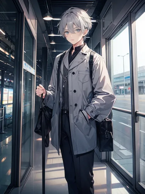 1boy, ((grey hair)), beautiful boy, ((indigo color eyes)), idol costume, airport