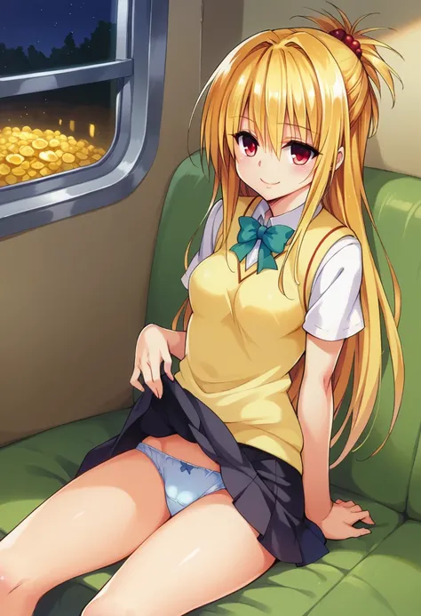 Kentaro Yabuki, love〜fart, Golden Darkness,ore_9, score_8_superior, score_7_superior BREAK 
konjiki no yami, Red eyes, Blonde, Hair Intake, Long Hair, Hair Pod, , skirt, Sweater vest, View your viewers, A light smile, Portraiture, in the train,Sitting skir...